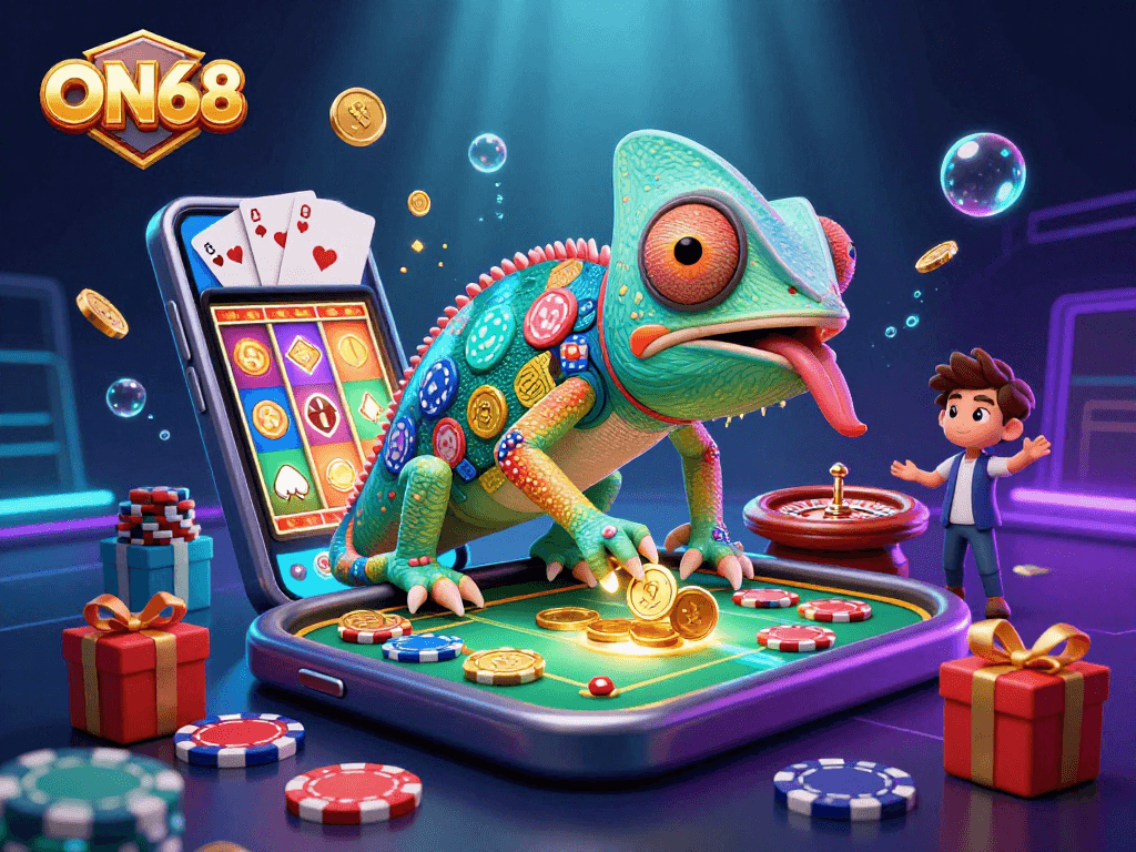 Experience the exciting gaming world of ON68 with a dynamic chameleon casino owner and vibrant game elements.