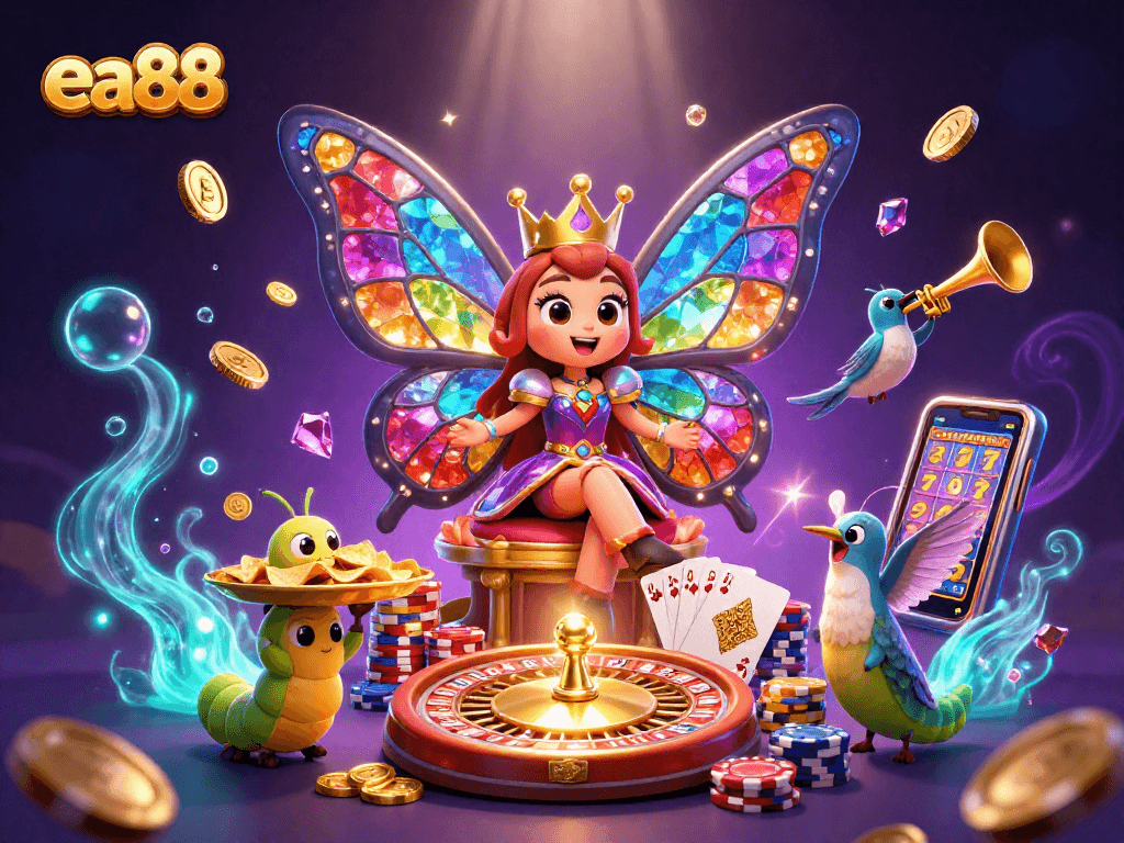 ea88 players enjoy vibrant casino excitement with butterfly queen, chips, and golden riches