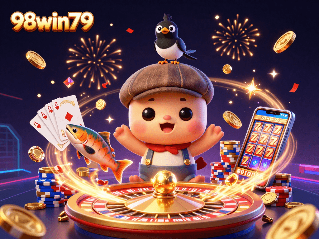 Engage in thrilling gambling action with 98win79, featuring cartoon characters amidst sparkling casino elements.