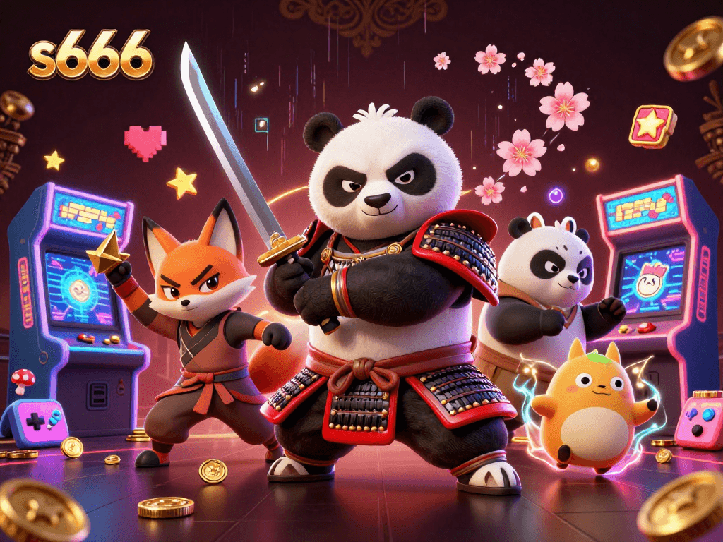 s666 ignites excitement with a samurai panda, ninja fox, and tanuki in a lavish casino scene