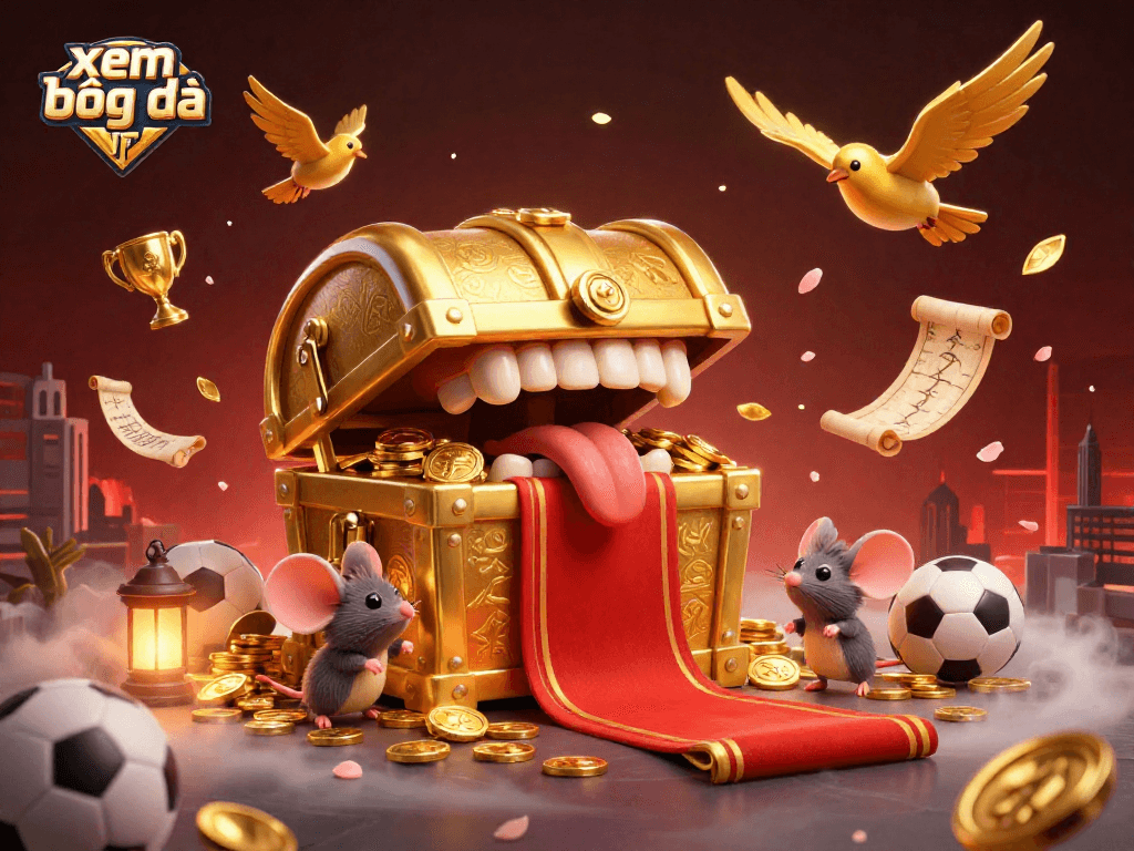 Engage in xem bóng đá trực tiếp with gold coins, sports elements, and dynamic visuals in an exciting illustration.