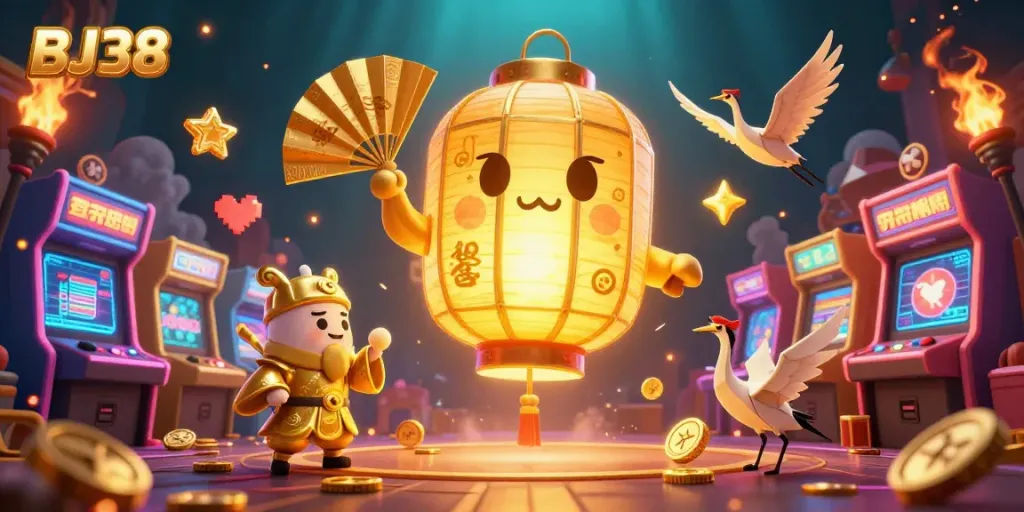 BJ38 players engage with colorful arcade games in a vibrant night market casino atmosphere.