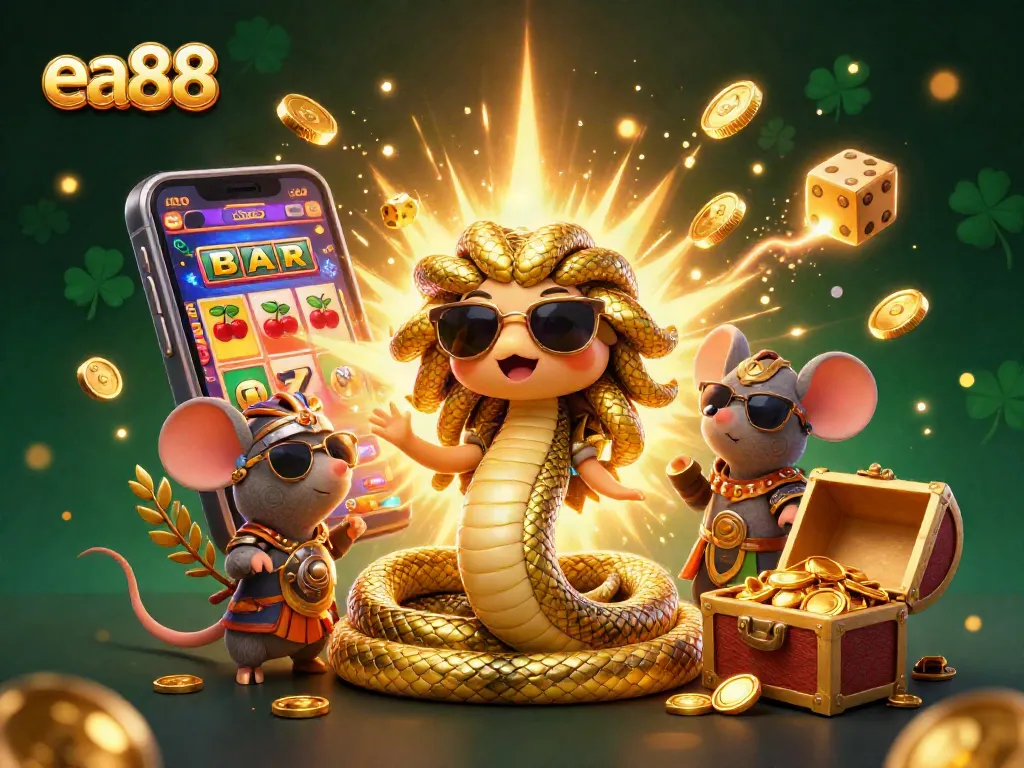 Win big with ea88 in this vibrant casino-themed illustration featuring Medusa and a warrior mouse.
