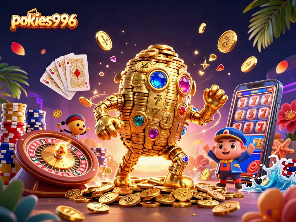Experience thrilling gameplay with pokies996: a vibrant illustration of a golden golem and casino elements.