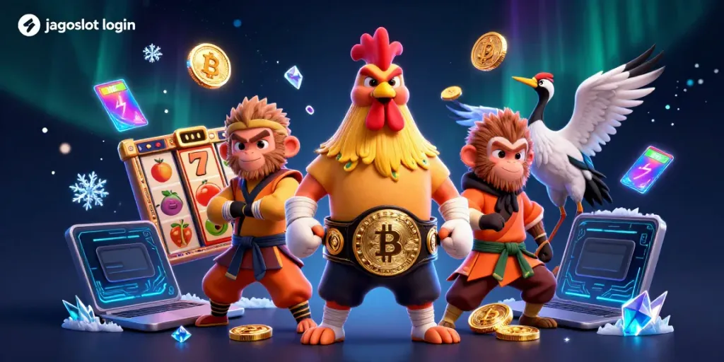 Gambarkan jagoslot login dengan karakter ayam Muay Thai, monyet Shaolin, dan cicak pengetahuan dalam suasana kasino yang meriah.