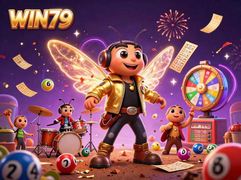 Join the excitement of WIN79 with colorful lottery elements in a vibrant casino scene.