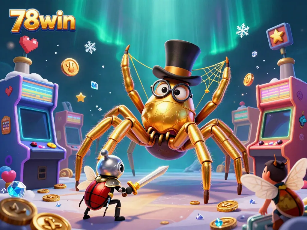 Experience the thrill of 78win, where a golden tarantula weaves winning strategies among casino game machines.