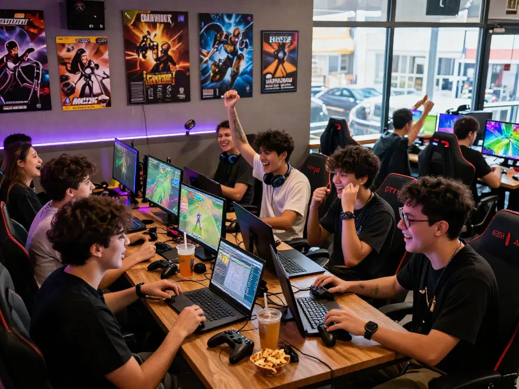 Engaged gamers enjoying a vibrant gaming community environment, showcasing warung168 gaming experience.
