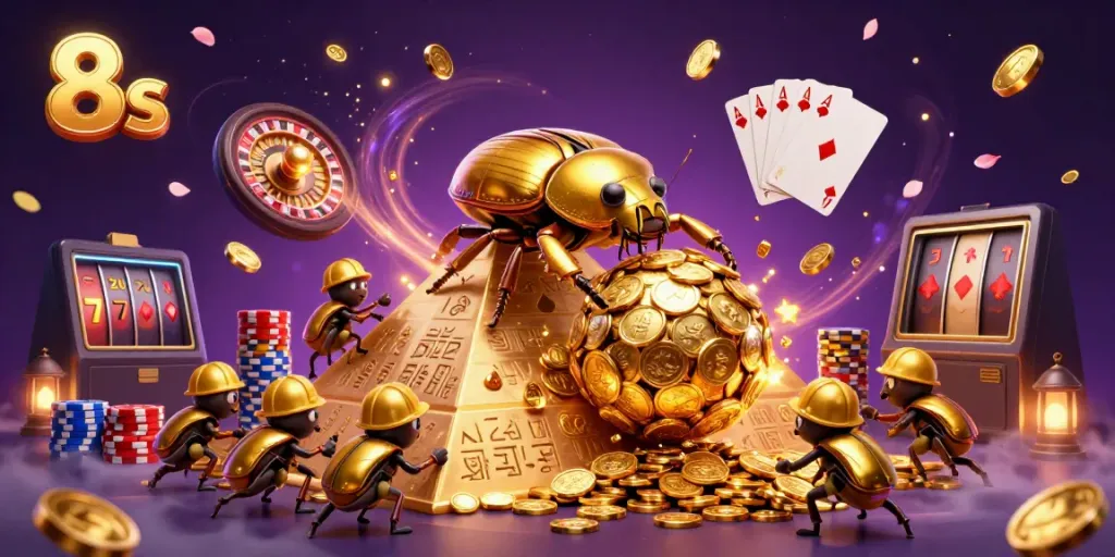 Experience the vibrant world of 8s with golden beetles, coins, and exciting casino symbols.