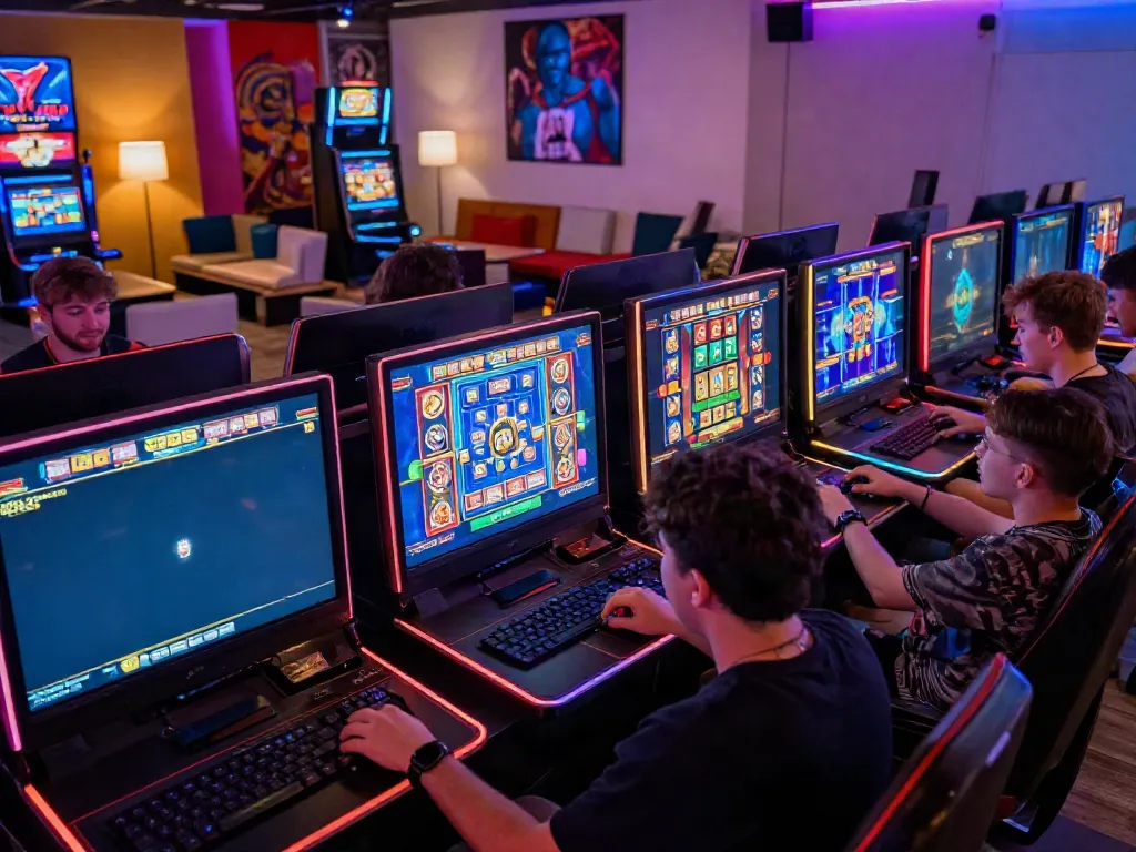 Exciting scene of players enjoying slot gacor games on a vibrant gaming platform with modern decor.