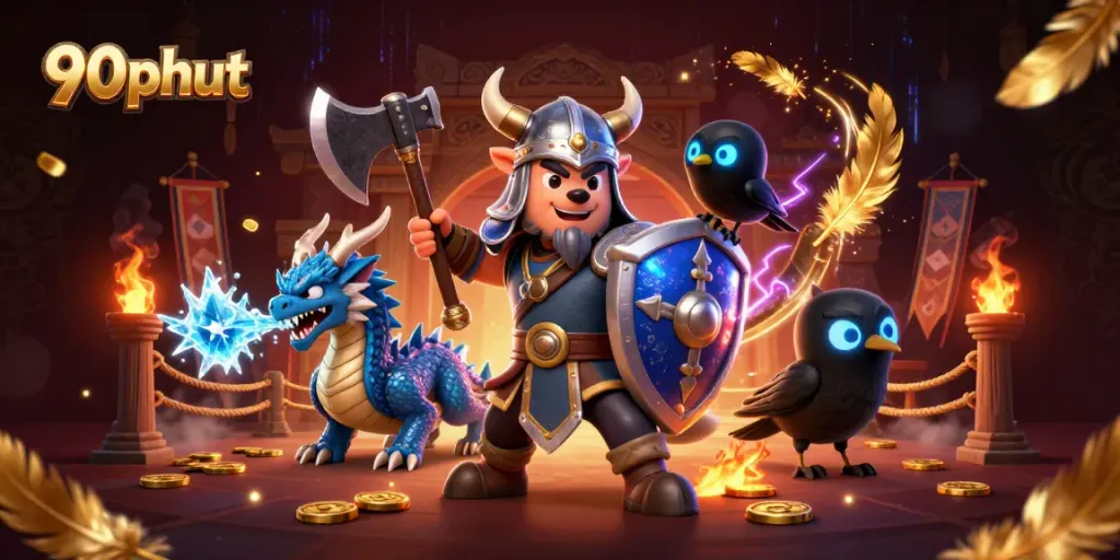 Bettors enjoy 90phut games in an epic scene with a Viking warrior, icy dragon, and glowing raven.