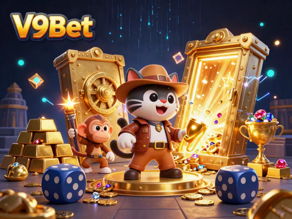 Experience the thrill of winning at V9Bet with this vibrant 3D casino adventure illustration.