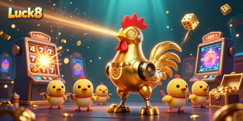 Experience the excitement of Luck8 with a vibrant underwater casino scene featuring a golden rooster robot amidst coins and game symbols.