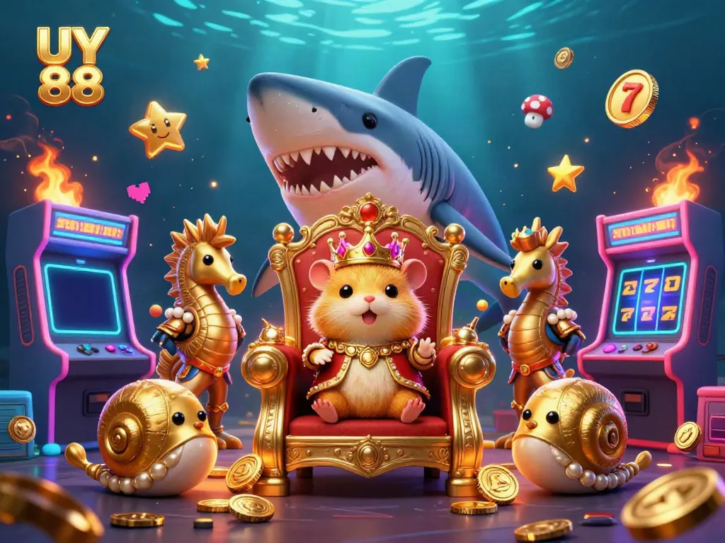 Experience the thrill of UY 88 with a dazzling illustration of a hamster king and gaming elements.