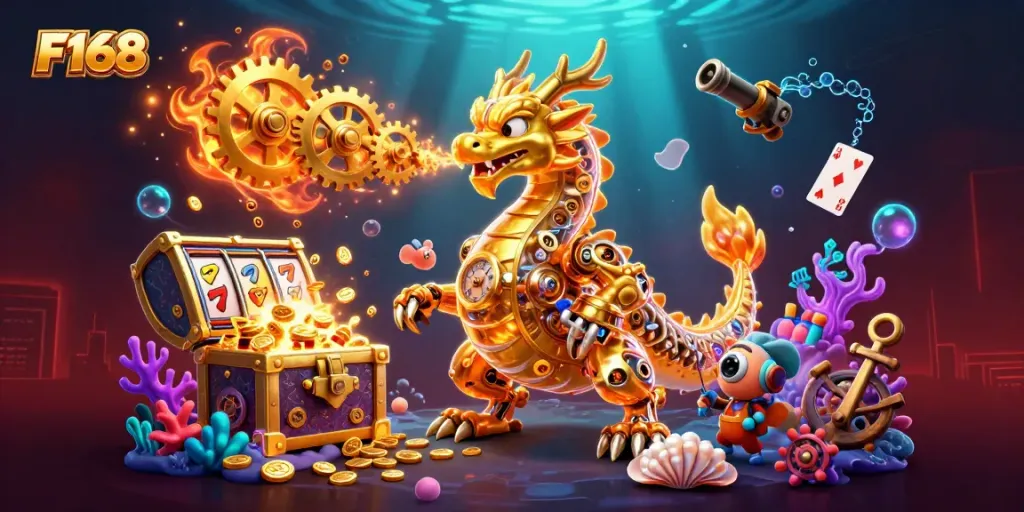Experience the thrilling world of F168 with a mystical golden dragon and vibrant casino elements.