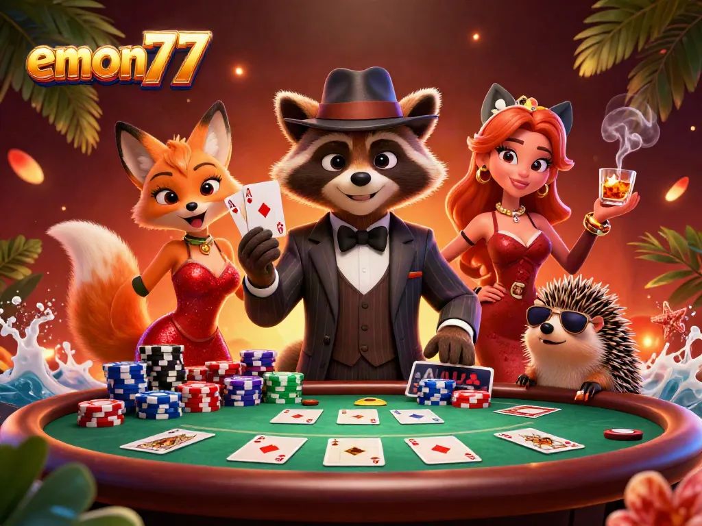 Play poker with emon77 featuring a suave raccoon, glamorous fox, and bouncer with chips and cards.