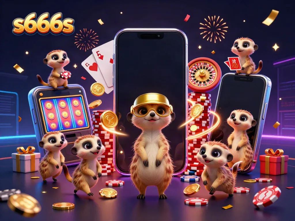 Experience thrilling gameplay at s666s with a bustling meerkat casino illustration filled with vibrant games and excitement.