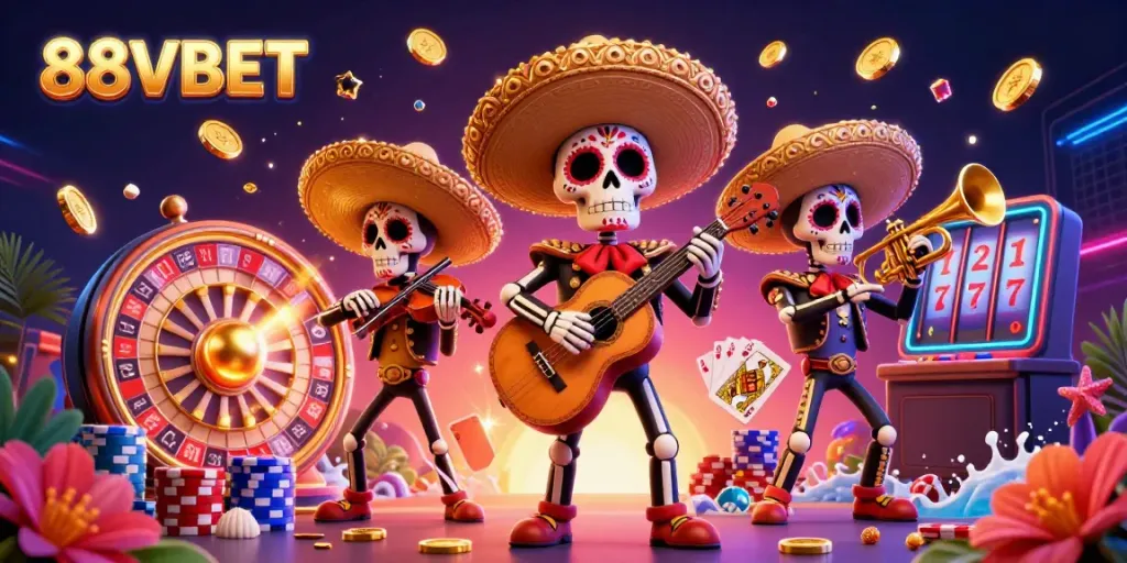 Experience the vibrant energy of 88VBET with festive mariachi skeletons amid coins and games.