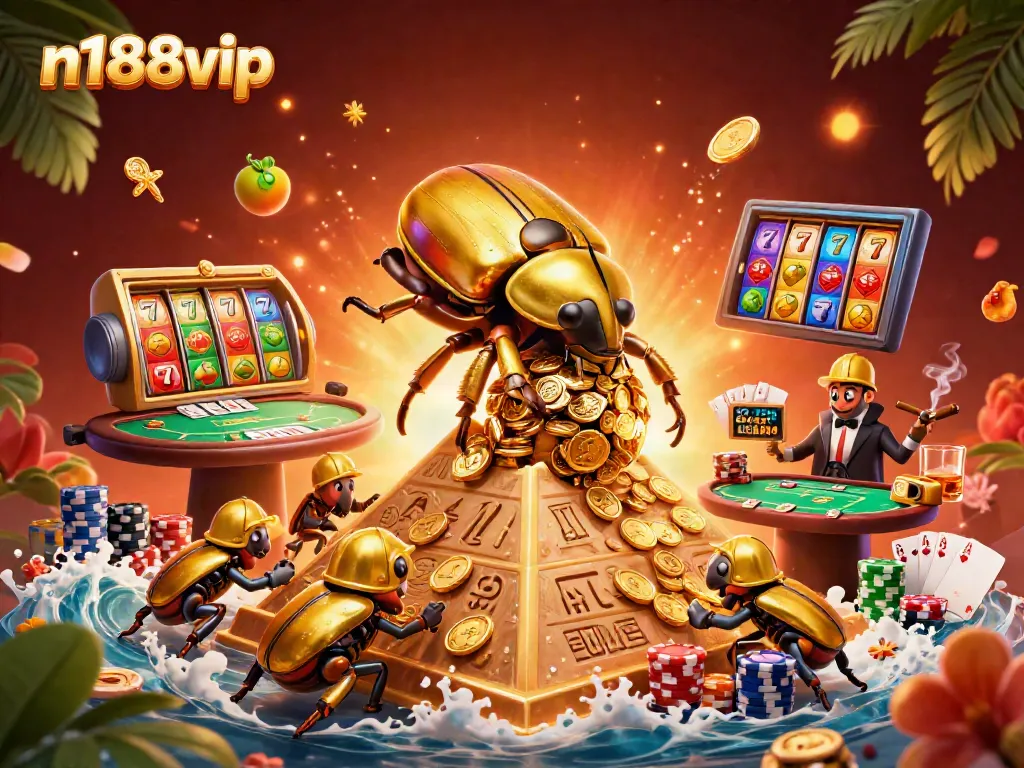Experience n188vip's thrilling gaming with vibrant slot games and golden coins.