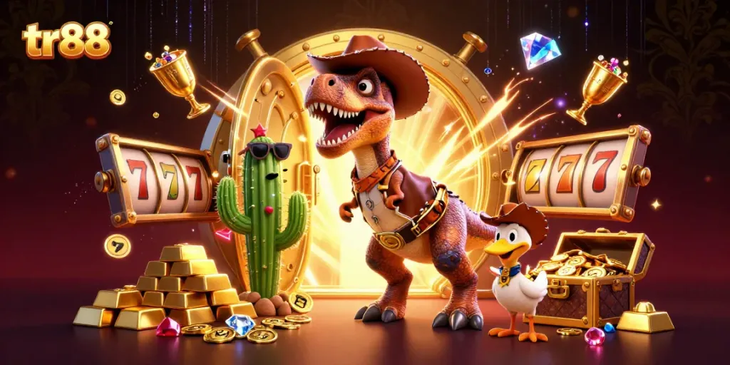 tr88 showcases dynamic slot gaming action with a cowboy dinosaur and rich visuals