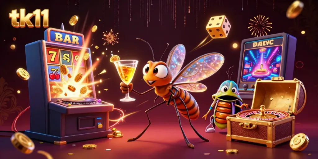 Engage with tk11's vibrant casino scene featuring an animated mascot and dynamic game elements.
