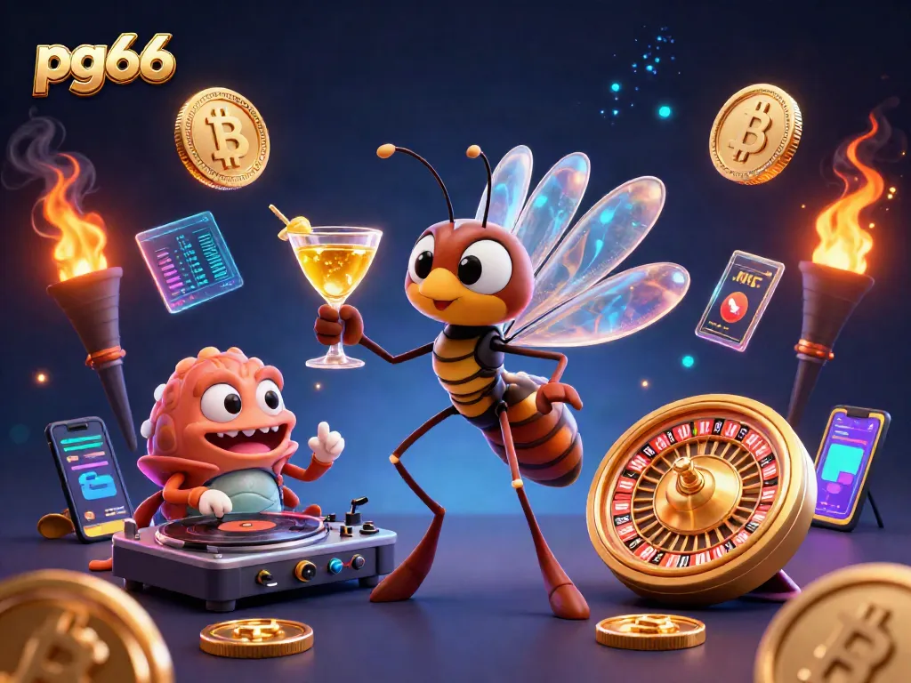 Experience the excitement of pg66 casino with dynamic 3D characters and crypto symbols.