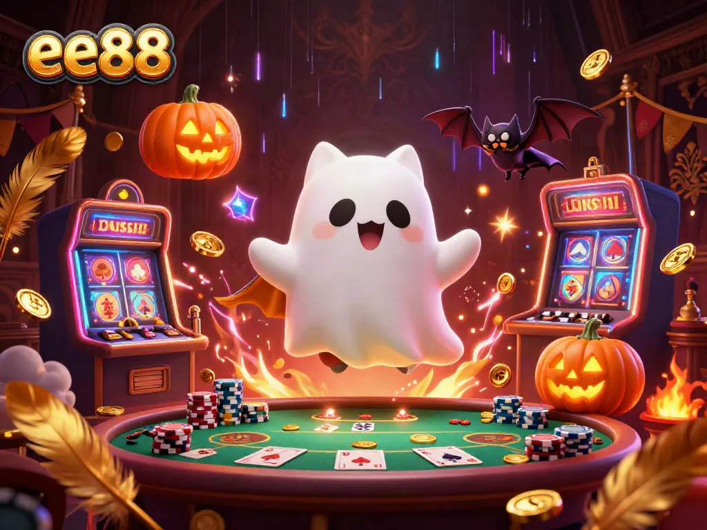 Engage in thrilling poker at EE88 with a lively ghost cat and bat in a haunted casino.