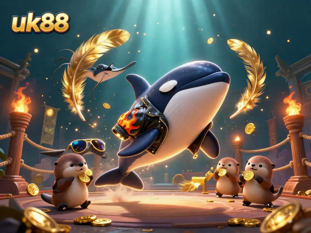 The vibrant scene at uk88 features a jumping orca whale, a cool stingray, and sea otters with coins, embodying online casino excitement.