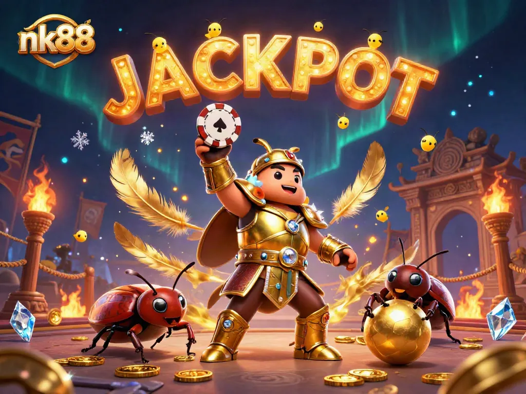 Engage in thrilling gameplay with nk88, where a gladiator beetle triumphs in a vibrant casino scene.