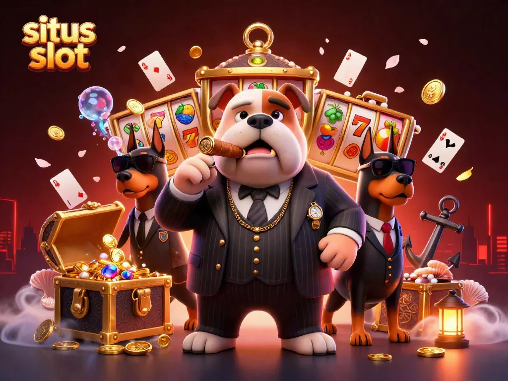 Situs slot featuring a mafia boss bulldog with treasure chests and slot reels creating a dynamic gaming scene