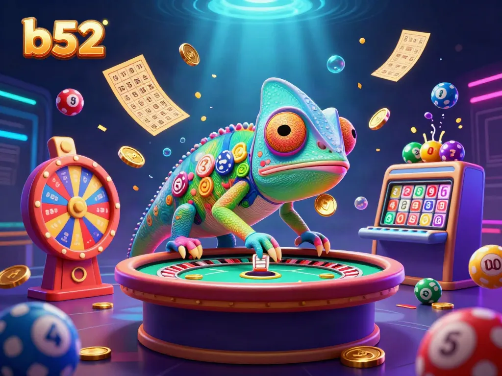 Join the dynamic b52 casino scene with a chameleon owner, golden coins, and vibrant lottery elements.