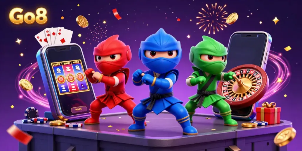 Engage with Go8 as ninja chameleons celebrate with casino games and dynamic action in this vibrant 3D scene.