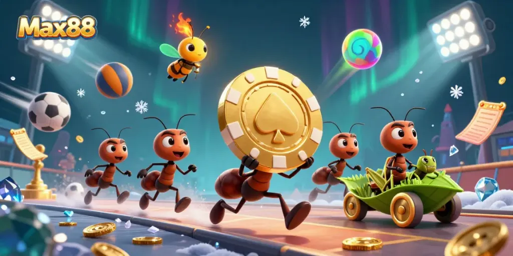 Max88 showcases a dynamic scene with cartoon ants in a heist, featuring sports elements and vibrant lighting.