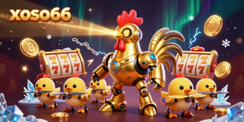Engage with xoso66 as a golden rooster robot leads a jackpot adventure through neon coins.
