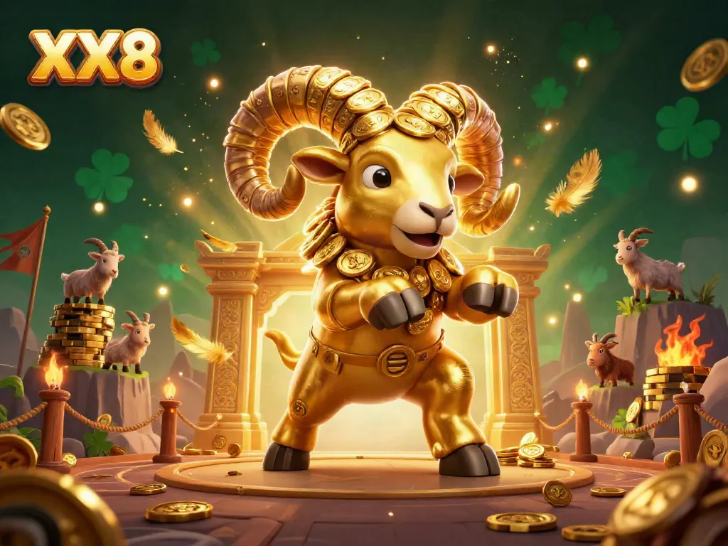 Experience thrilling gameplay at XX8, featuring action-packed golden ram charging through a vibrant casino scene.