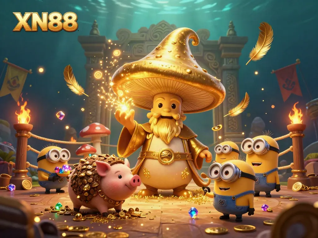 Experience XN88's enchanting wizard transforming treasures while surrounded by gold and casino elements.