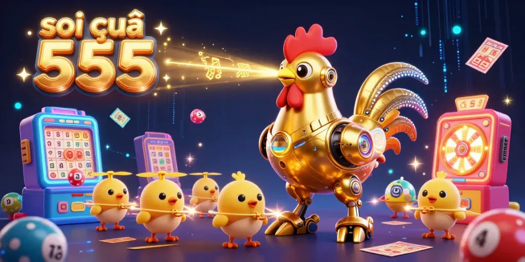 Engage with soi cầu 555 through a vibrant scene showcasing lottery machines and a golden rooster robot.