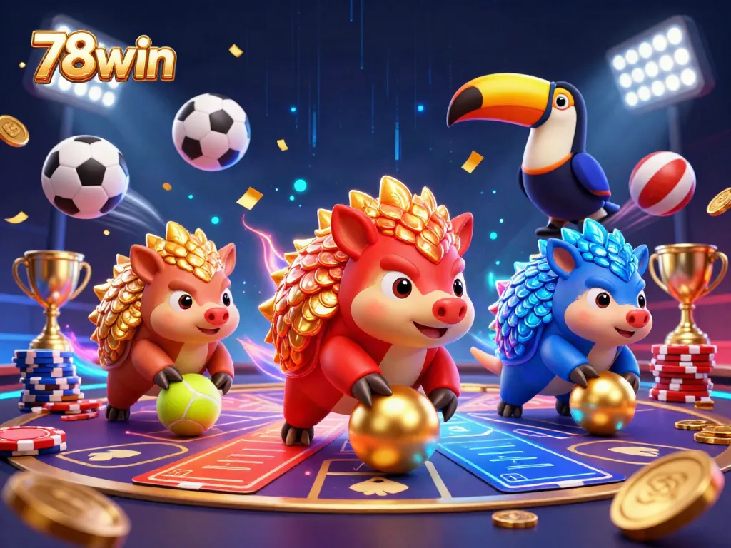 Engage with the thrilling 78win gaming scene as rival pangolins bowl through poker chips and sports elements.