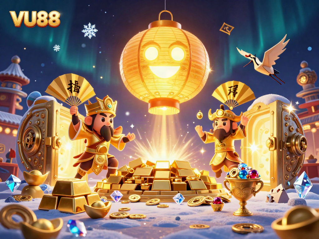 Experience excitement with VU88's vibrant casino scene featuring a golden lantern spirit and treasures.