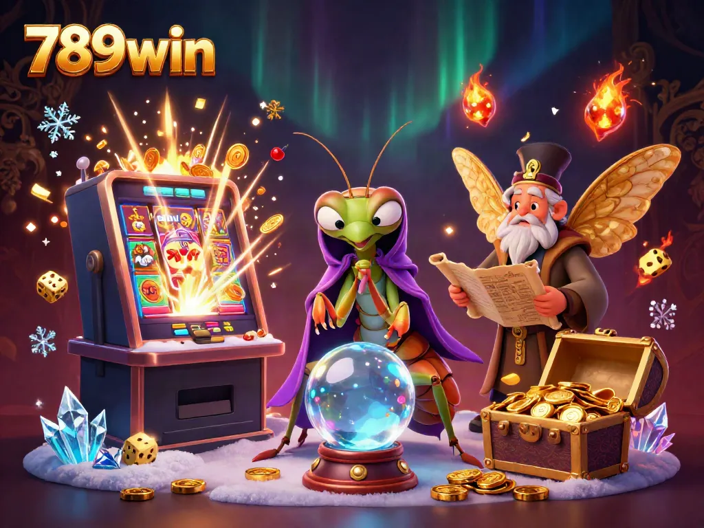 Engaging 789win scene with a fortune teller, moth librarian, and dynamic casino elements.