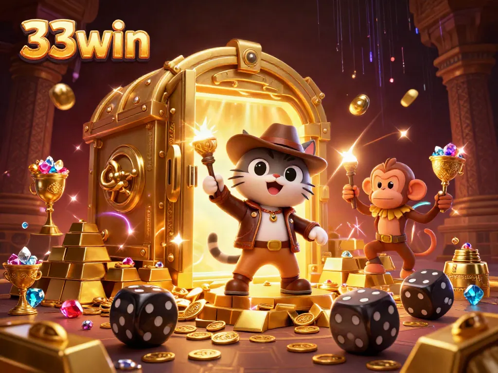 Engage in thrilling adventures with 33win in a vibrant casino-themed illustration.