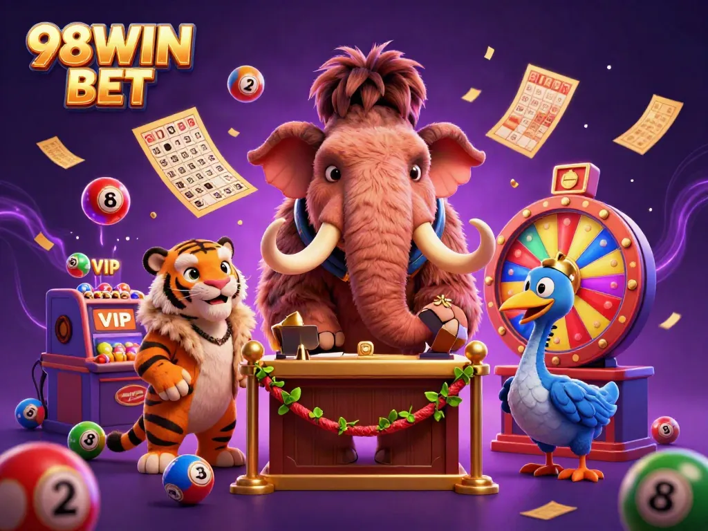 Experience the excitement of 98WIN BET with dynamic casino elements and vibrant characters.