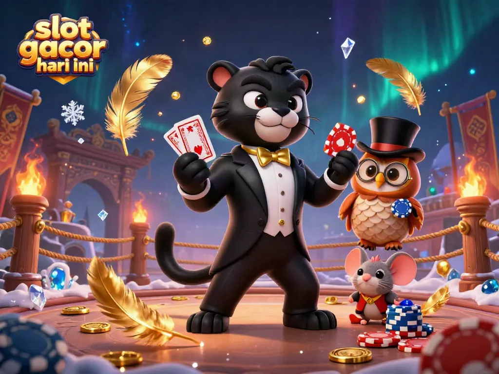 Engage with "slot gacor hari ini" in a vibrant 3D casino scene featuring a panther, owl, and mouse.