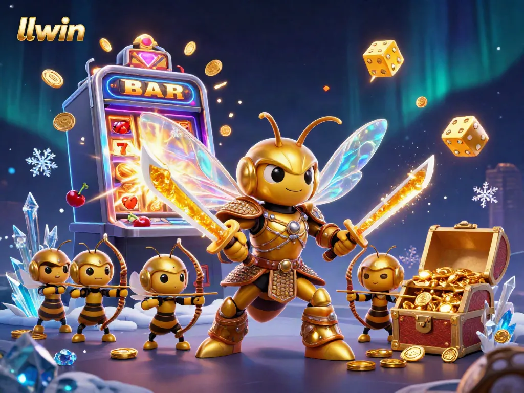 llwin's dazzling gaming spectacle showcases a giant golden hornet samurai amidst treasure and excitement.