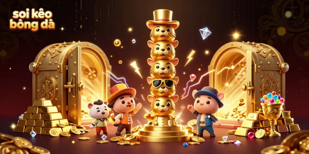 Experience the rush of soi kèo bóng đá with vibrant 3D illustrations of a golden totem pole and dynamic casino elements.