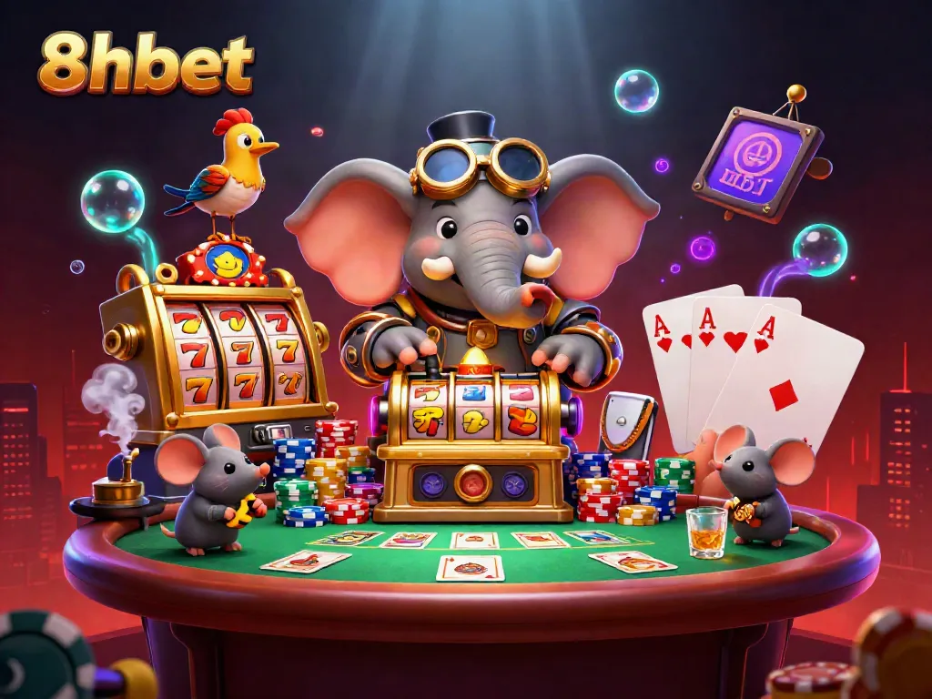 Engage with the festive 8xbet gaming scene featuring an elephant engineer at a vibrant slot machine.