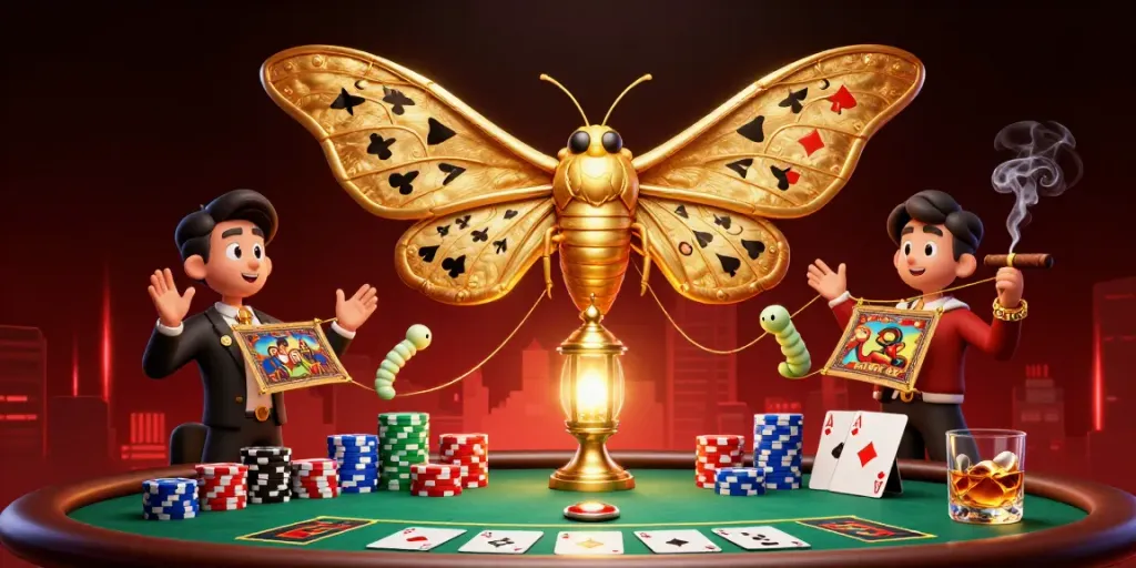 Experience the vibrant lx88 casino scene with an iconic atlas moth, poker elements, and glowing effects.