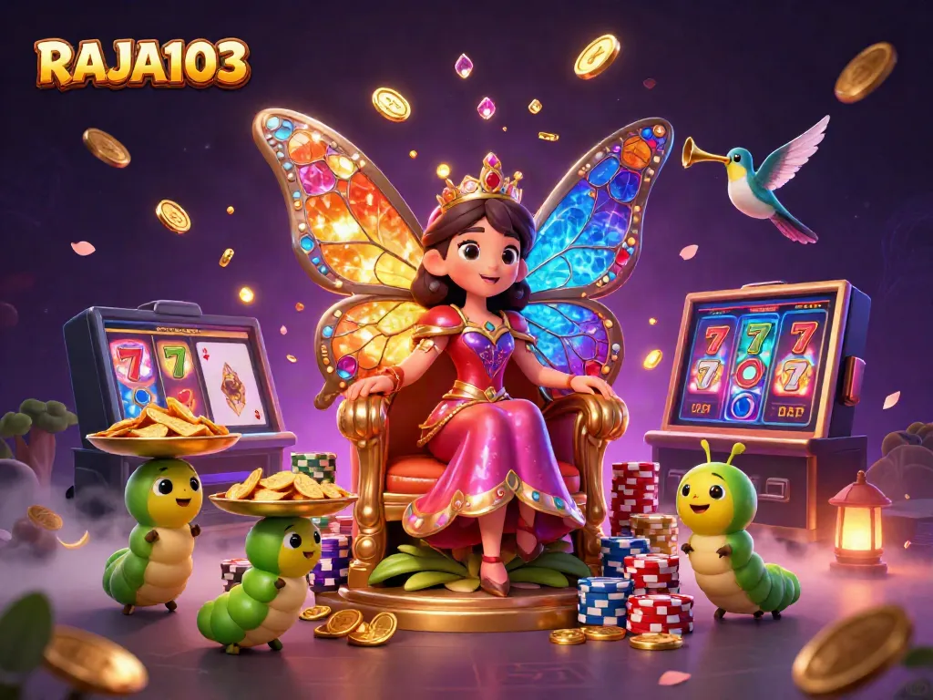 Engage with RAJA103's vibrant 3D casino scene featuring a colorful butterfly queen amidst gold coins and slot machines.