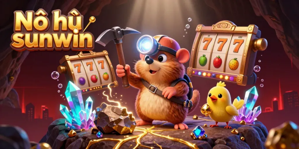 Nổ hũ sunwin game illustration with a treasure hunter mole and jackpot slot reels.