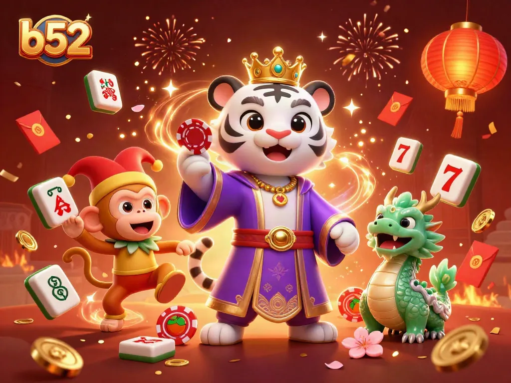 Experience the excitement of b52 casino games with a vibrant 3D scene featuring a majestic tiger and playful monkey.